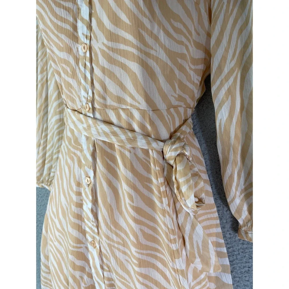 Harlow & Rose Beige Zebra Print Belted Collared‎ Midi Shirt Dress Women’s Size S